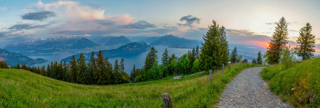 Panoramic sunset view of Mount Rigi and Lake Lucerne in Switzerland