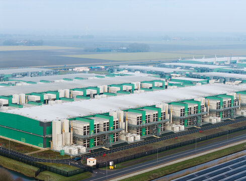 Drone aerial view of large data center complex in Middelmeer the Netherlands