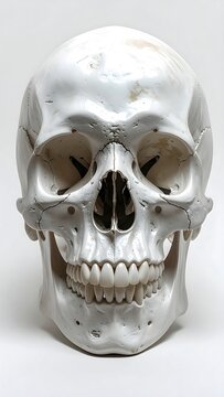 A frontal view of a human skull against a white backdrop. The skull is bone-white, highlighting its natural texture and anatomical details
