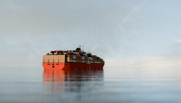 Container ship on calm sea transporting global cargo