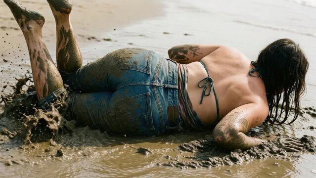 Person lying in muddy terrain near water, symbolizing struggle, survival, hardship, and resilience in difficult conditions.