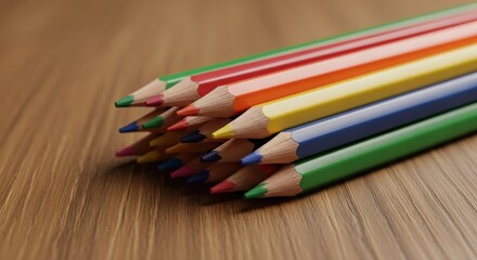 Fototapeta premium Vibrant colored pencils arranged on wooden surface for art and design