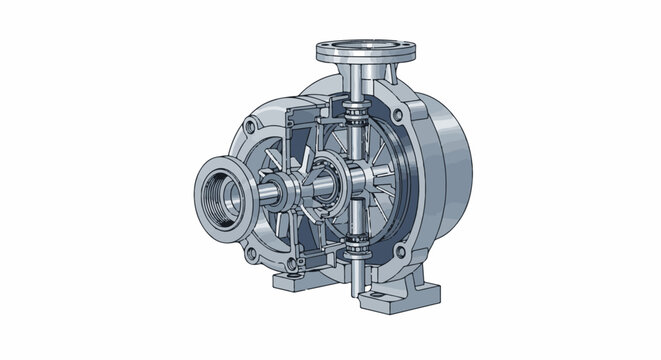 Cutaway view of a centrifugal pump showing internal components like impeller and bearings