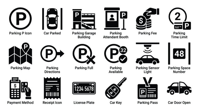 A comprehensive set of essential parking service icons for mobile applications and website interfaces, clearly depicting availability, payment methods, time limits, and navigation
