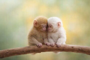 Fototapeta premium Adorable baby monkeys cuddling peacefully.