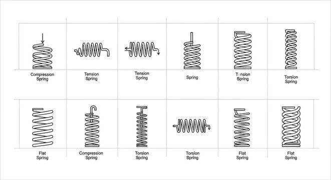 Types of Springs: Compression, Tension, Torsion, Coil, Helical, Leaf, Volute