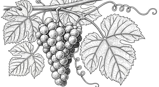 Vintage Grapevine Illustration: Bunch of Grapes and Leaves