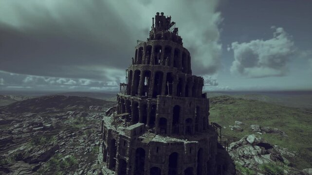 looming spiral tower under stormy sky dark clouds casting deep shadows, distant city swallowed by haze, layered arches dripping with moss, eerie silence,