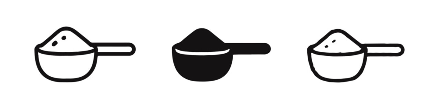 Powder scoop icon set. Measuring spoon with protein or supplement powder vector illustration for nutrition and fitness.