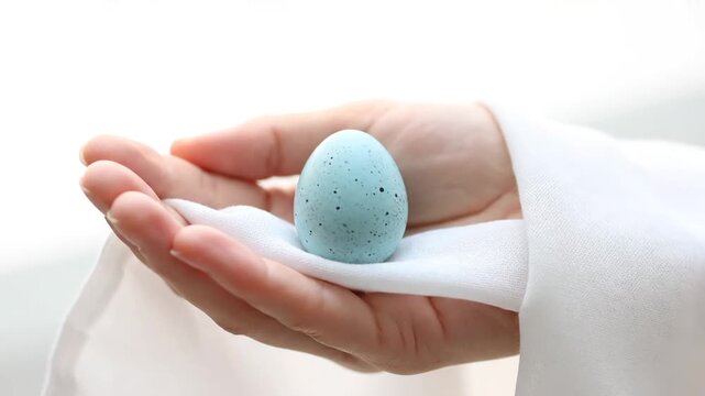A pair of hands gently cradles a small, speckled blue egg resting on a white silk cloth, symbolizing new life and fragile beginnings in a serene, brightly lit setting.