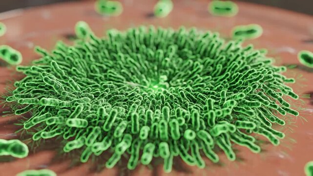 A video captures bacteria under a microscope on a slide with green illumination.