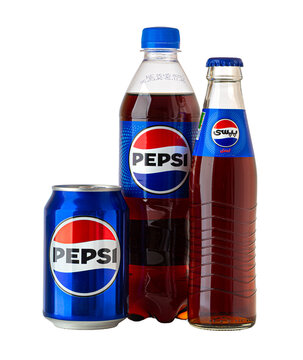 Anapa, Russia, March 28, 2026; Pepsi beverages in plastic bottle, glass bottle and aluminum can