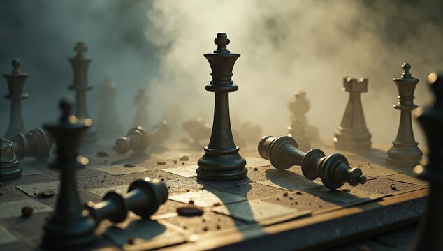 Chessboard with fallen pieces and a lone king standing, symbolizing strategy, conflict, global power struggles, and geopolitical tension.