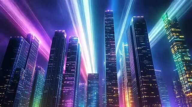 Futuristic city skyline features glowing skyscrapers with colorful lights at night creating a vibrant urban atmosphere