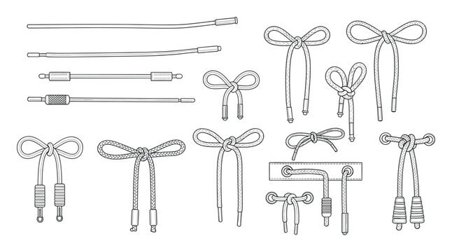 Comprehensive collection of technical line drawings featuring various cords, drawstrings, shoelaces, aglets, toggles, and decorative knots, suitable for apparel design and product