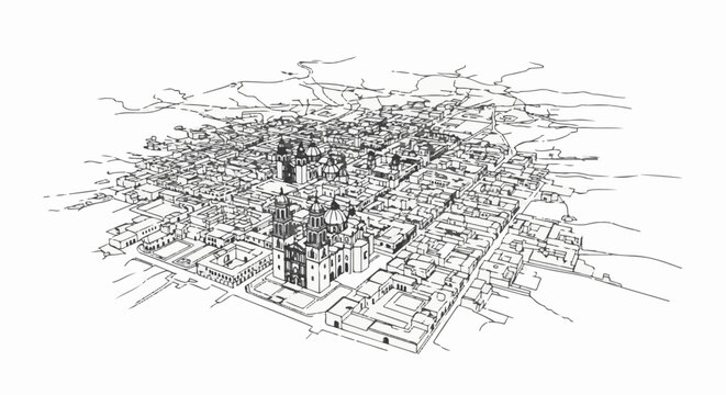 Detailed line art sketch of a historic city with prominent cathedrals