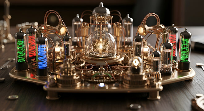 Vintage Nixie Tube Clock Device Closeup.