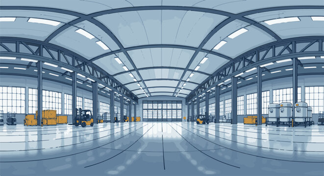 Expansive, high-ceilinged industrial warehouse interior with natural light, forklifts, and cargo