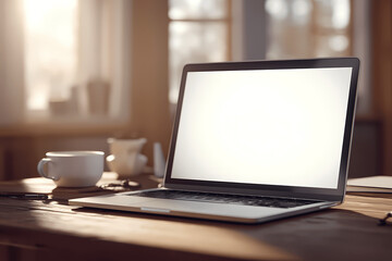 Fototapeta premium Laptop with Blank Screen in Cozy Home Office