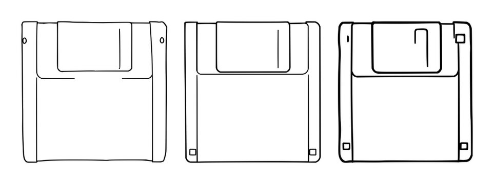 Floppy disk set with black line art illustration featuring 8-inch floppy disk, computer hardware, data storage with vintage and modern
