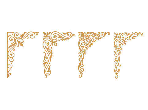 Ornamental corners in an artistic decorative design set in gold color, with floral and swirl elements against the background.