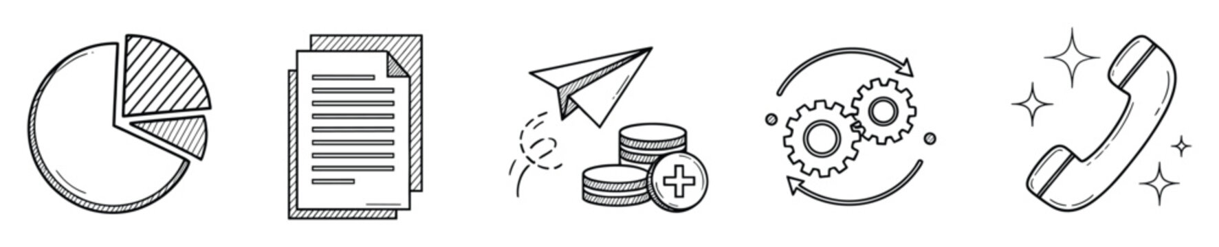 Hand drawn business icons depicting financial analysis, document management, investment growth, operational workflows, and customer service communication for corporate strategy and