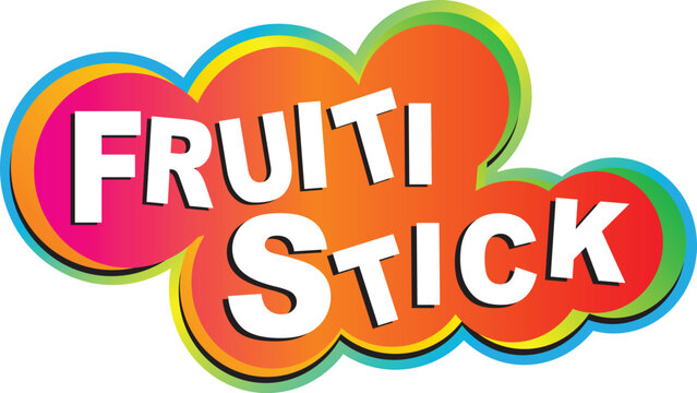 Fruiti stick fun and playful typography vector logo design with a colorful cloud shape, ideal for children's snacks or candy packaging.
