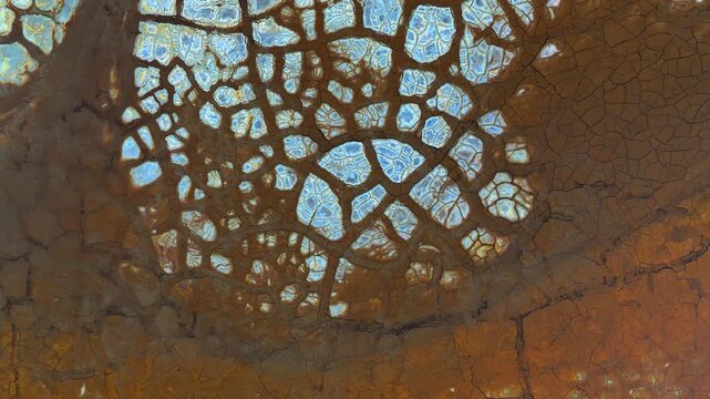 Aerial view of the intricate cracked earth patterns and mineral deposits with reddish soil and blue water in Minas de Riotinto, Andalusia, Spain.