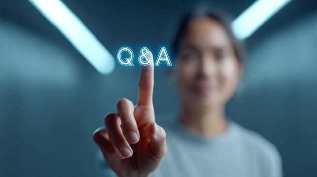 Person interacting with a glowing q and a button on a futuristic virtual interface, symbolizing support, information, technology, and frequently asked questions in a digital environment