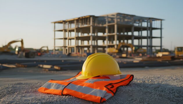 Construction site safety gear and building in the background