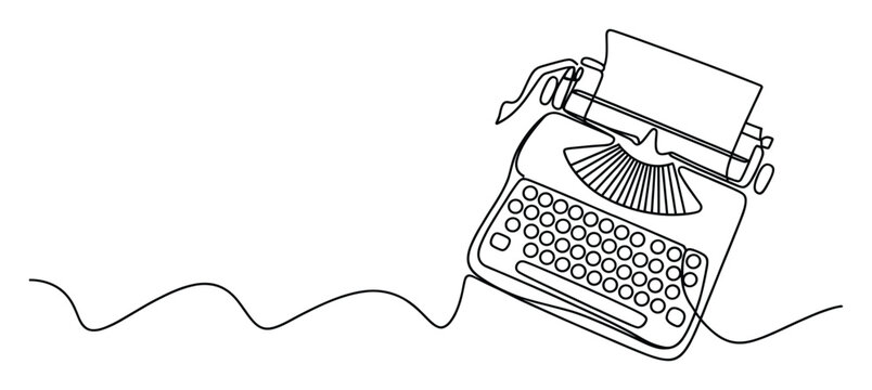 Single continuous line drawing of a vintage mechanical typewriter with paper, perfect for literary blogs, writing workshops, and creative storytelling presentations