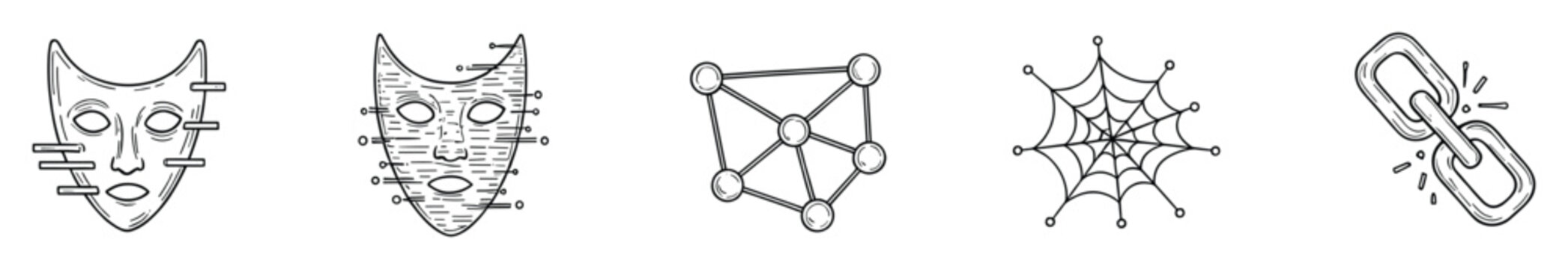 Hand drawn black and white line symbols depicting abstract masks interconnected networks spider web and a broken chain illustrating concepts of identity connection and digital security for