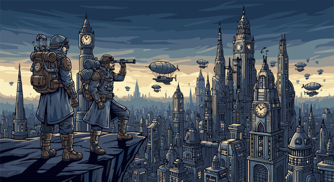 Two steampunk explorers observe a vast, clock-towered city with airships