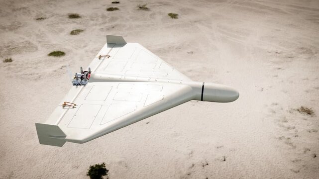 Shahed Drone Close-Up Details &ndash; Engine Propulsion and Warhead Nose, Military UAV Flying Over Desert Terrain, Cinematic 3D Render