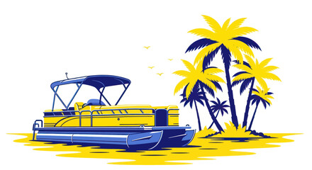 Pontoon Boat Docked Beside Tropical Palm Trees on Sandy Shore © Tembok