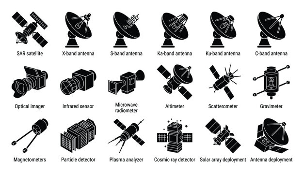 A comprehensive collection of space instrument icons and satellite components including various antennas imagers detectors and analyzers essential for aerospace engineering and scientific