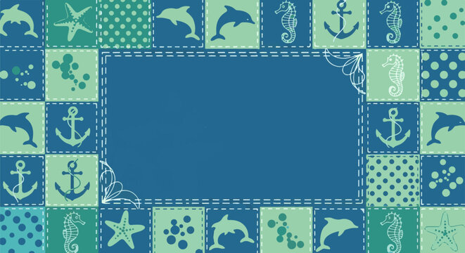 Nautical patchwork frame with sea creatures and anchors on blue background
