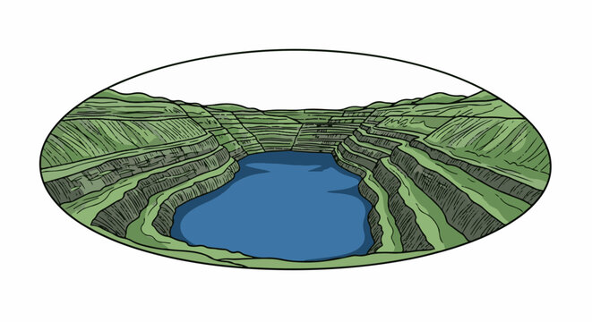 Open pit mine with water-filled quarry and layered green hills