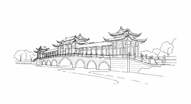 Ornate covered bridge with arched water crossings and traditional tiered roofs