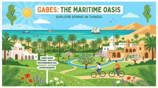 Gabes Tunisia Spring Landscape with Oasis and Coastal View