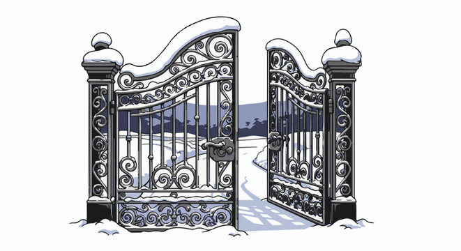 Ornate snow-covered gates open onto a winter landscape