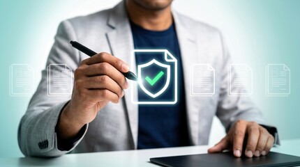 Obraz premium insurance, digital signature, security, document, compliance, verification, protection. Professional businessman using a stylus to sign and verify secure electronic contracts and data.