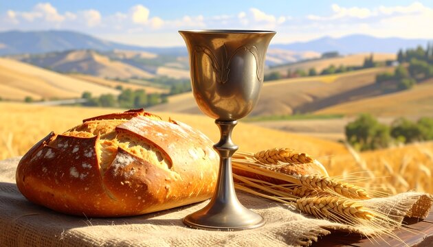 A serene landscape with a golden cup and bread on a table