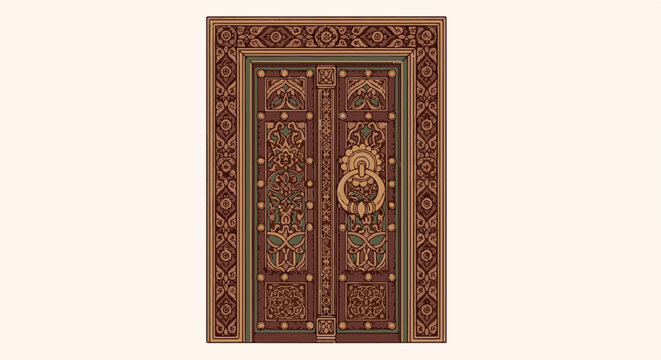 Ornate wooden door with intricate carvings and a large circular knocker