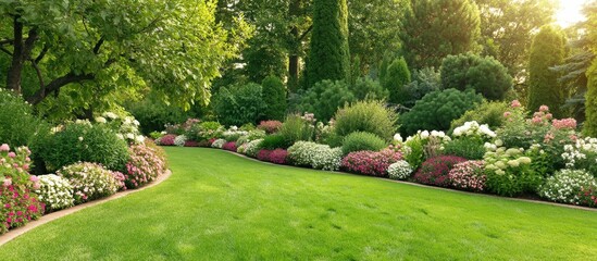 Obraz premium A lush garden with vibrant flower beds and well-manicured green lawn surrounded by dense trees and shrubs under soft sunlight.