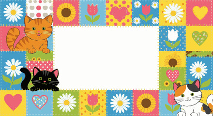 Obraz premium Playful cats and cheerful floral patchwork frame border