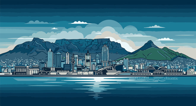 Pixel art cityscape with prominent mountain backdrop and calm water reflection