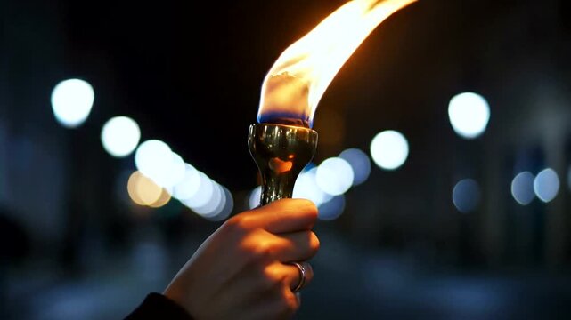 Hand holding burning torch at night.
