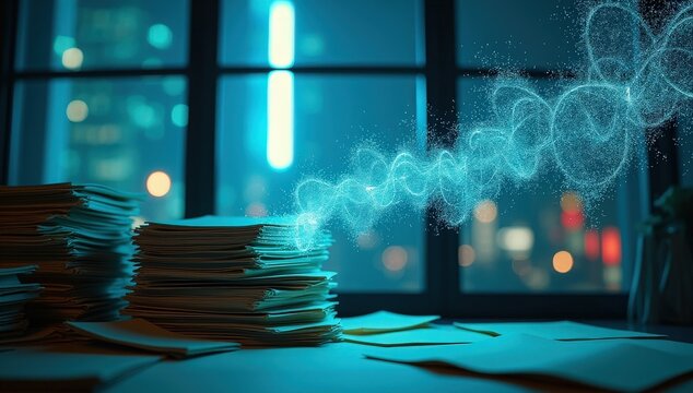 Stacks of paperwork transforming into digital code flowing outward, representing automation, artificial intelligence, and the shift from manual work to digital systems.