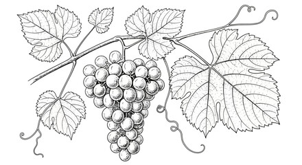 Fototapeta premium Vintage illustration of a grape vine branch with ripe grapes and leaves